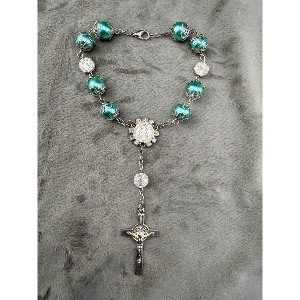 Vintage Estate Rosary Bracelet Silver Religious Green Beads 8in
